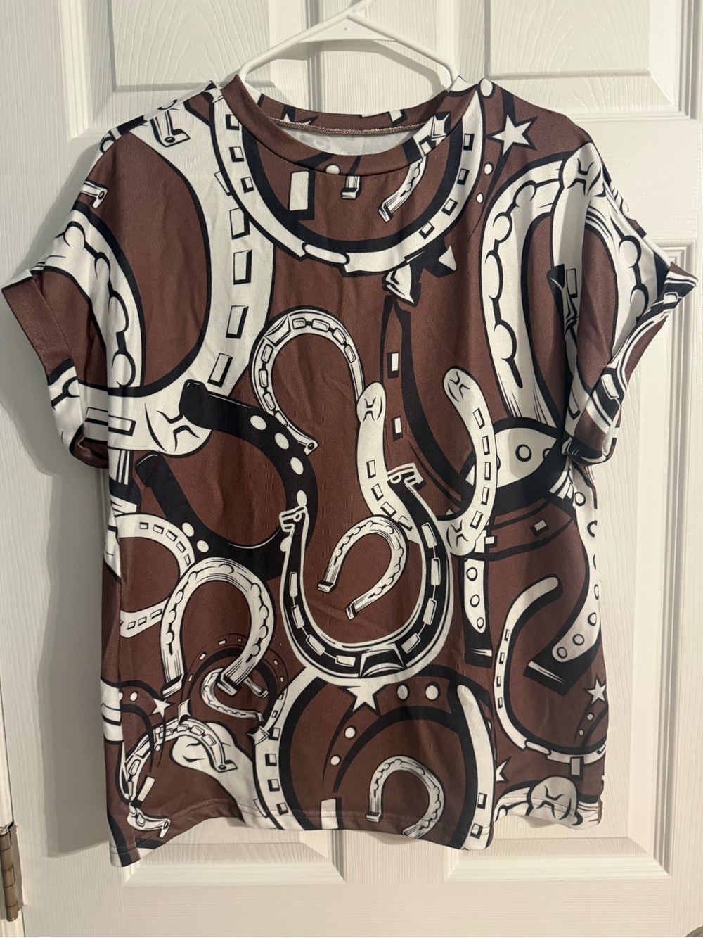 Western Horseshoe Graphic‎ Print T-Shirt Brown Cream Black Size S